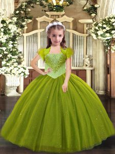 Affordable Straps Sleeveless Little Girl Pageant Gowns Floor Length Beading Olive Green Tulle