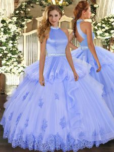 Sleeveless Floor Length Beading and Appliques Backless Quinceanera Dresses with Lavender