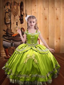 Yellow Green Satin Lace Up Child Pageant Dress Sleeveless Floor Length Beading and Embroidery