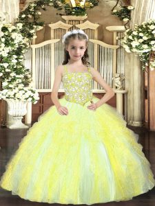 Yellow Green Lace Up Pageant Dress Womens Beading and Ruffles Sleeveless Floor Length