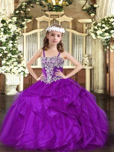Trendy Sleeveless Organza Floor Length Lace Up Pageant Gowns For Girls in Purple with Appliques and Ruffles