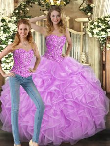Hot Sale Lilac Sleeveless Tulle Lace Up Vestidos de Quinceanera for Military Ball and Sweet 16 and Quinceanera