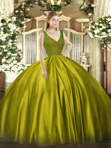 Affordable Sleeveless Satin Floor Length Backless Quinceanera Gown in Olive Green with Beading and Lace