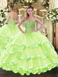 Stunning Yellow Green Sleeveless Floor Length Beading and Ruffled Layers Lace Up 15th Birthday Dress