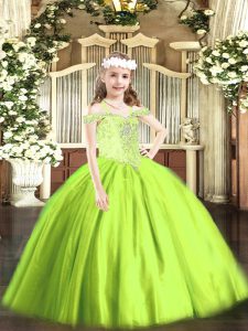 Dramatic Yellow Green Ball Gowns Tulle Off The Shoulder Sleeveless Beading Floor Length Lace Up Winning Pageant Gowns