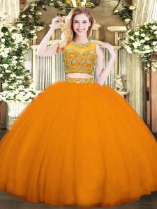 Orange Red Sleeveless Floor Length Beading Zipper Sweet 16 Dress
