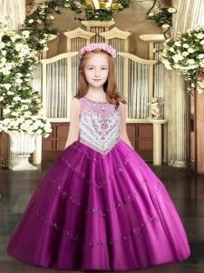 Graceful Sleeveless Tulle Floor Length Zipper Pageant Dress Womens in Fuchsia with Beading and Appliques