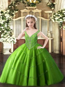 Ball Gowns Winning Pageant Gowns Green V-neck Tulle Sleeveless Floor Length Lace Up