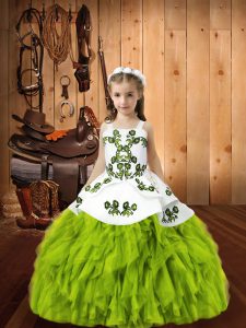 Sleeveless Organza Floor Length Lace Up Child Pageant Dress in Yellow Green with Beading and Embroidery
