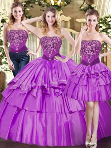 Great Eggplant Purple Tulle Lace Up Quinceanera Gown Sleeveless Floor Length Beading and Ruffled Layers