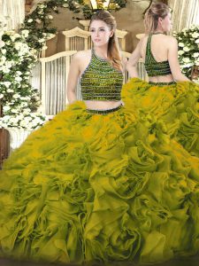 Low Price Olive Green Sweet 16 Dresses Military Ball and Sweet 16 and Quinceanera with Beading and Ruffles Halter Top Sleeveless Zipper