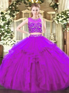 Traditional Tulle Sleeveless Floor Length Quinceanera Dresses and Beading and Ruffles