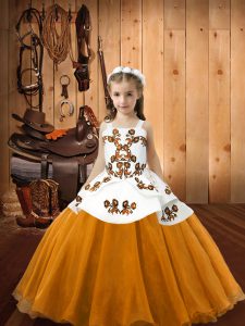 Floor Length Lace Up Little Girl Pageant Dress Orange for Sweet 16 and Quinceanera with Embroidery
