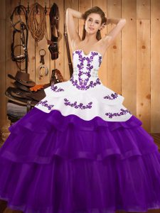 Great Purple Lace Up 15th Birthday Dress Embroidery and Ruffled Layers Sleeveless Sweep Train