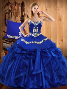 Royal Blue Sweetheart Neckline Embroidery and Ruffles Quinceanera Dresses Sleeveless Lace Up