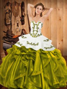 Strapless Sleeveless Sweet 16 Quinceanera Dress Floor Length Embroidery and Ruffles Olive Green Satin and Organza