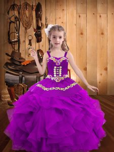 Elegant Purple Sleeveless Floor Length Embroidery and Ruffles Lace Up Pageant Gowns For Girls