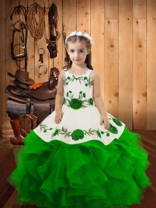 Adorable Green Straps Neckline Embroidery and Ruffles Pageant Dress Toddler Sleeveless Lace Up