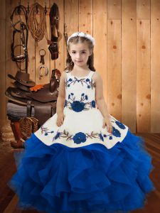 Blue Straps Neckline Embroidery and Ruffles High School Pageant Dress Sleeveless Lace Up