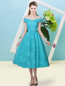 Popular Lace Off The Shoulder Cap Sleeves Lace Up Bowknot Quinceanera Dama Dress in Teal
