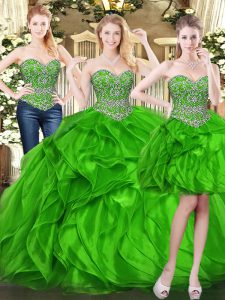 Romantic Green Sleeveless Organza Lace Up Quince Ball Gowns for Military Ball and Sweet 16 and Quinceanera