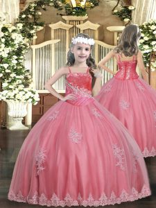 Floor Length Lace Up Kids Formal Wear Watermelon Red for Party and Sweet 16 and Quinceanera and Wedding Party with Appliques
