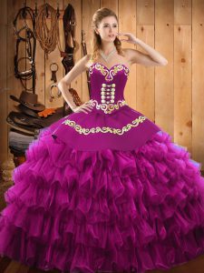Elegant Fuchsia Sweetheart Lace Up Embroidery and Ruffled Layers Sweet 16 Dress Sleeveless
