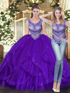 Purple Quinceanera Gowns Military Ball and Sweet 16 and Quinceanera with Beading and Ruffles Scoop Sleeveless Lace Up
