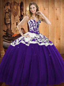 Sumptuous Sleeveless Satin and Tulle Floor Length Lace Up Quinceanera Dresses in Purple with Embroidery