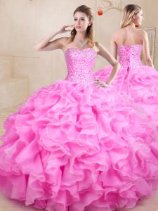 Extravagant Rose Pink Sweetheart Neckline Beading and Ruffles Sweet 16 Dress Sleeveless Lace Up