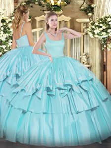 Luxurious Sleeveless Organza and Taffeta Floor Length Zipper Ball Gown Prom Dress in Aqua Blue with Beading and Ruffled Layers