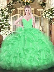 New Style Green Ball Gowns Ruffles Quince Ball Gowns Zipper Organza Sleeveless Floor Length