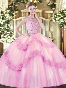 Bateau Sleeveless Zipper Quinceanera Gowns Rose Pink Tulle