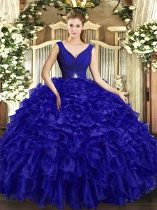 Affordable Royal Blue Sleeveless Beading and Ruffles Floor Length 15th Birthday Dress