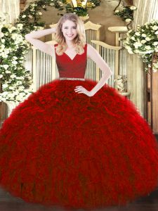 Red Sweet 16 Quinceanera Dress Military Ball and Sweet 16 and Quinceanera with Beading and Ruffles V-neck Sleeveless Zipper
