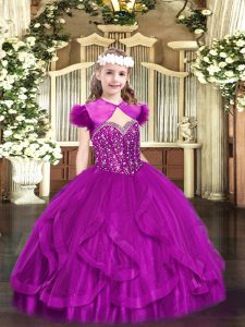 Fuchsia Straps Neckline Beading and Ruffles Child Pageant Dress Sleeveless Lace Up