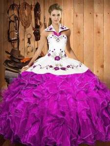 On Sale Halter Top Sleeveless Lace Up Quinceanera Dress Fuchsia Satin and Organza