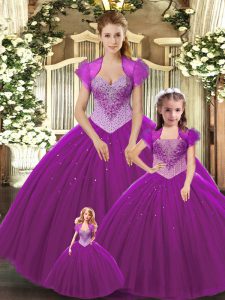 Flirting Straps Sleeveless Lace Up Quince Ball Gowns Fuchsia Tulle