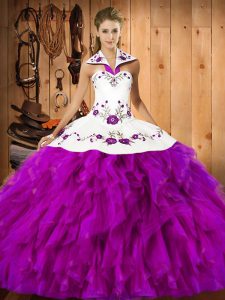 Fantastic Fuchsia Sleeveless Embroidery and Ruffles Floor Length Quince Ball Gowns
