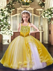 Beautiful Straps Sleeveless Lace Up Pageant Gowns For Girls Gold Tulle