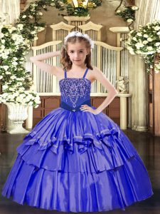 Luxurious Straps Sleeveless Kids Formal Wear Floor Length Beading and Ruffled Layers Blue Organza