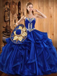 Fabulous Royal Blue Sleeveless Floor Length Embroidery and Ruffles Lace Up Quinceanera Dresses