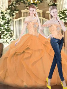 Orange Red Quinceanera Dresses Military Ball and Sweet 16 and Quinceanera with Beading and Ruffles Off The Shoulder Sleeveless Lace Up