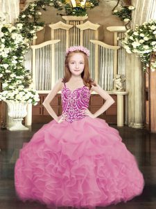 Pretty Rose Pink Organza Lace Up Spaghetti Straps Sleeveless Floor Length Kids Pageant Dress Beading and Ruffles and Pick Ups
