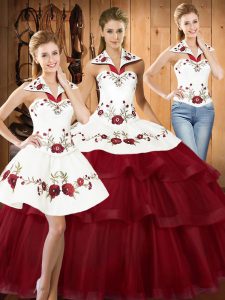 Wine Red Halter Top Neckline Embroidery and Ruffled Layers Vestidos de Quinceanera Sleeveless Lace Up