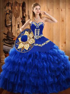 Floor Length Lace Up Quinceanera Dresses Blue for Military Ball and Sweet 16 and Quinceanera with Embroidery and Ruffled Layers