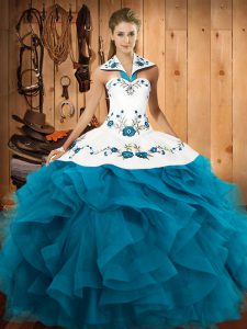 Fantastic Teal Tulle Lace Up Halter Top Sleeveless Floor Length Quinceanera Dress Embroidery and Ruffles