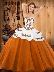 Fantastic Orange Red Ball Gowns Strapless Sleeveless Tulle Floor Length Lace Up Embroidery Sweet 16 Quinceanera Dress