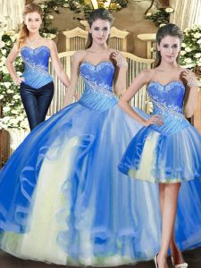 Sleeveless Tulle Floor Length Lace Up Quince Ball Gowns in Baby Blue with Beading