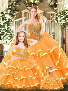 Orange Red Lace Up Sweet 16 Quinceanera Dress Beading and Ruffled Layers Sleeveless Floor Length
